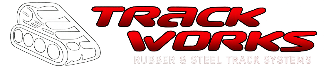 TRACK WORKS logo with a stylized white tank outline and bold red text on a light background