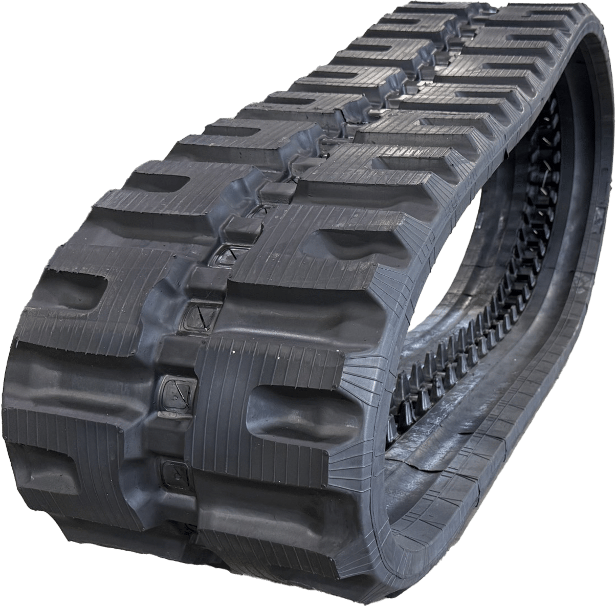 Black rubber tank tread track on a white background