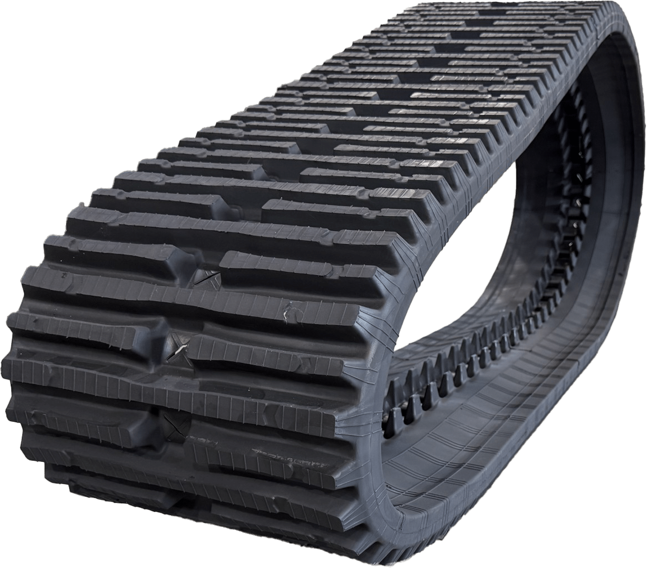 Black rubber tracked tread belt for heavy machinery on a white background