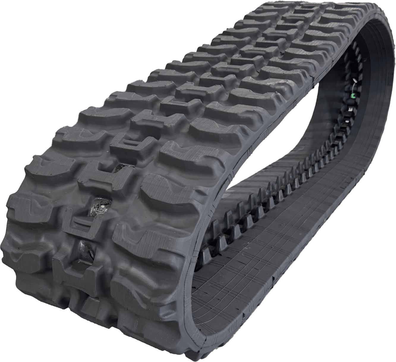 Black rubber tracked tire tread, shown coiled on a white background