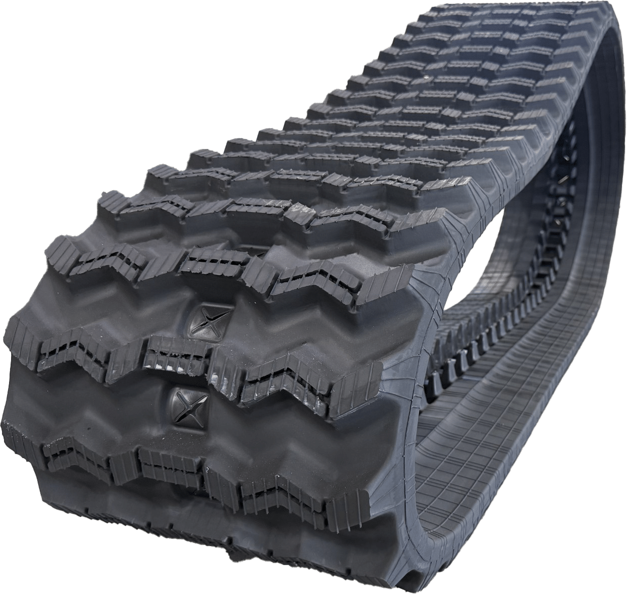 Black rubber tank tread with deep grooves, shown isolated on a white background