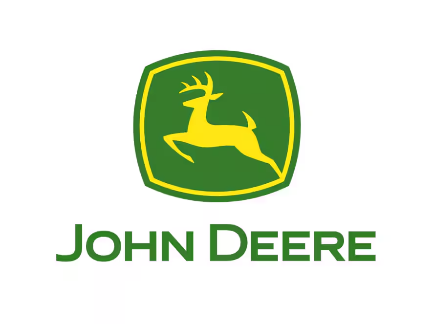 John Deere logo: yellow deer on green shield above green text on white background
