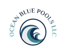 Ocean Blue Pools LLC logo: waves within a circle, blue and teal text arches above.
