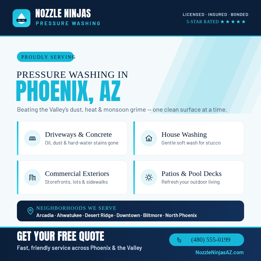 Nozzle Ninjas pressure washing ad for Phoenix, AZ with service icons and free quote banner