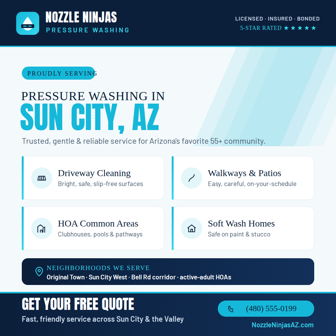 Nozzle Ninjas pressure washing service ad for Sun City, AZ with quote and contact info
