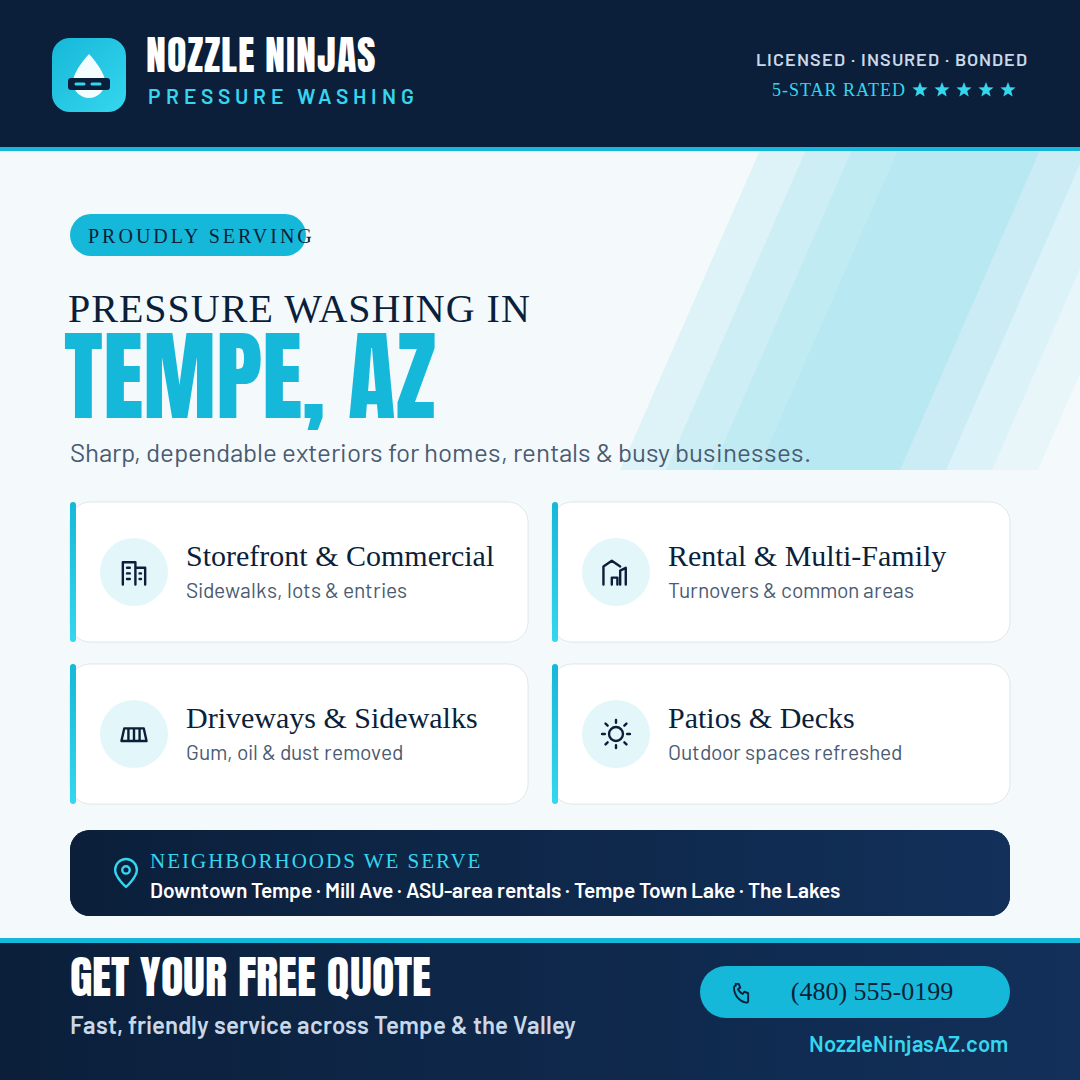 Pressure washing ad for Nozzle Ninjas in Tempe, AZ with service boxes and free quote call-to-action