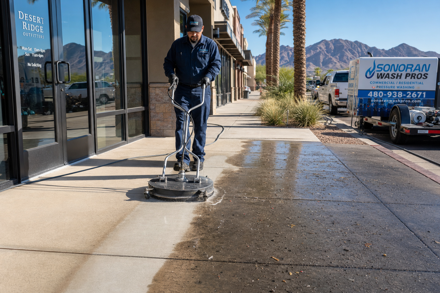 Man pressure-washing a sunlit sidewalk beside storefronts and palm trees.