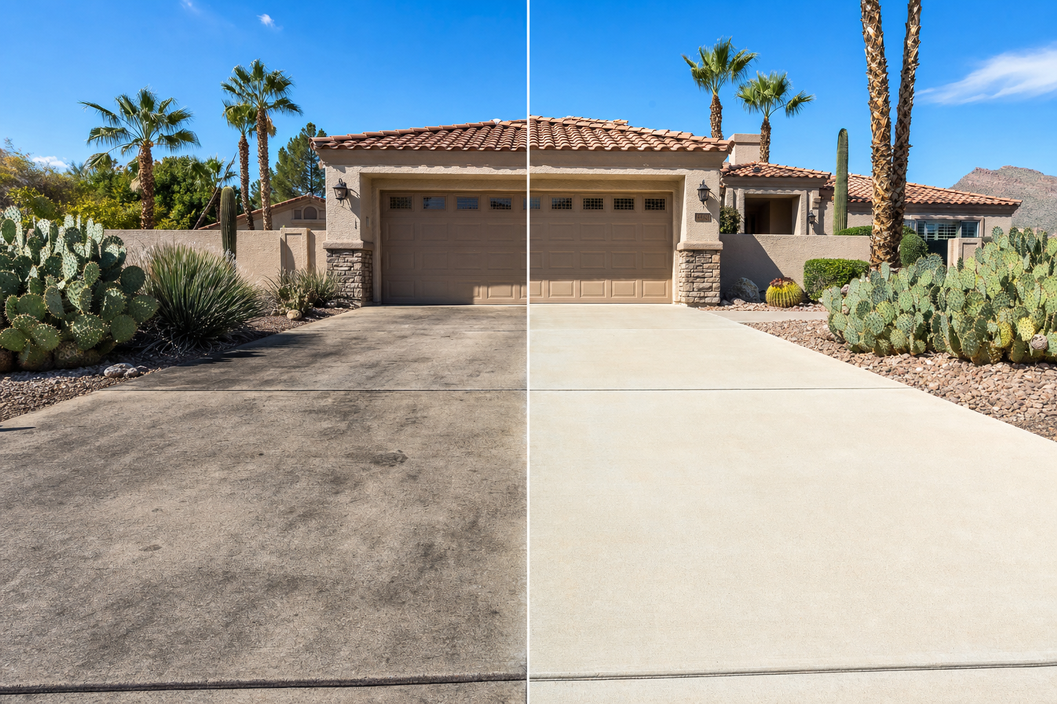 Suburban house with split driveway: one dark asphalt side and one light concrete side