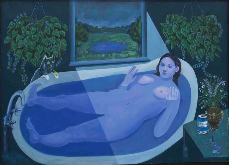 Painting of woman in blue bathtub, looking out a window at a lake and trees.