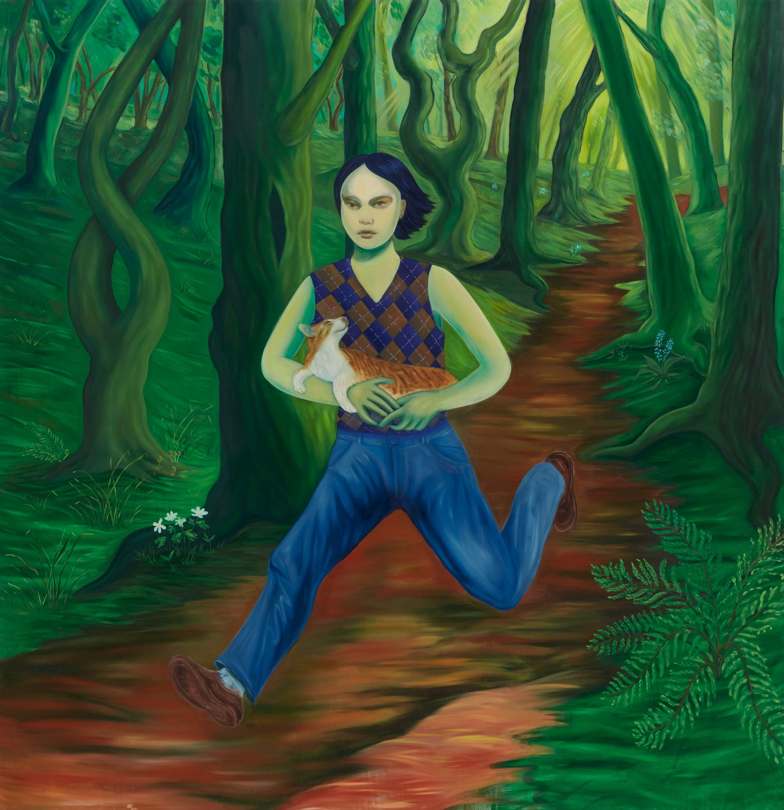 Person running in a forest, holding a small animal, wearing a blue vest and jeans.