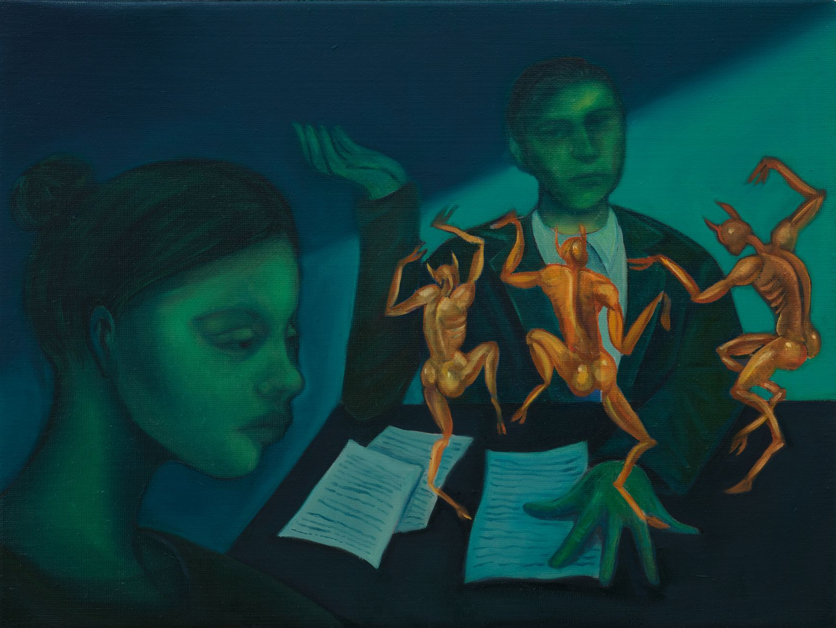 Dark painting: green-toned figures around a table with papers. Dancing golden figures. Woman looks down. Man gestures.