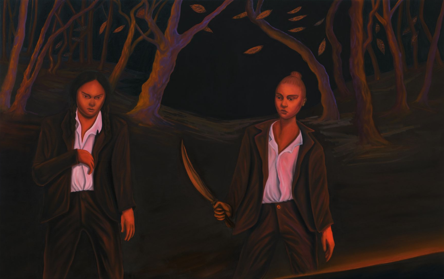 Two figures in a dark forest. One holds a sword, both in dark suits, illuminated by orange light.