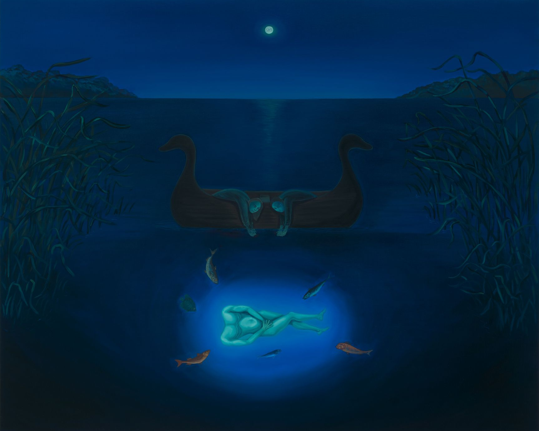 Two figures embrace underwater, glowing blue. Above, a boat and star in a dark blue setting.