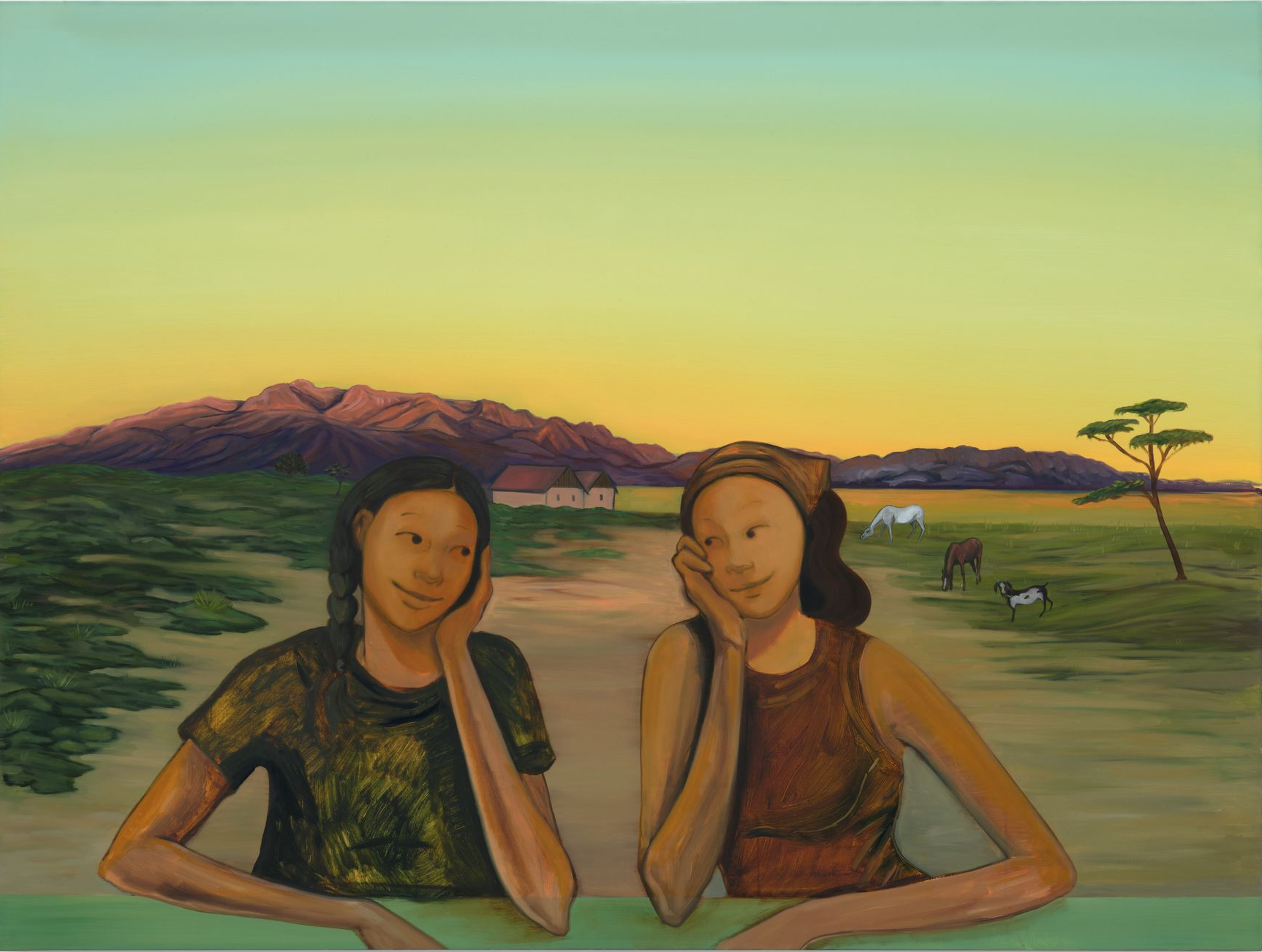 Two women resting chins on hands, looking at a landscape with animals, beneath a sunset.