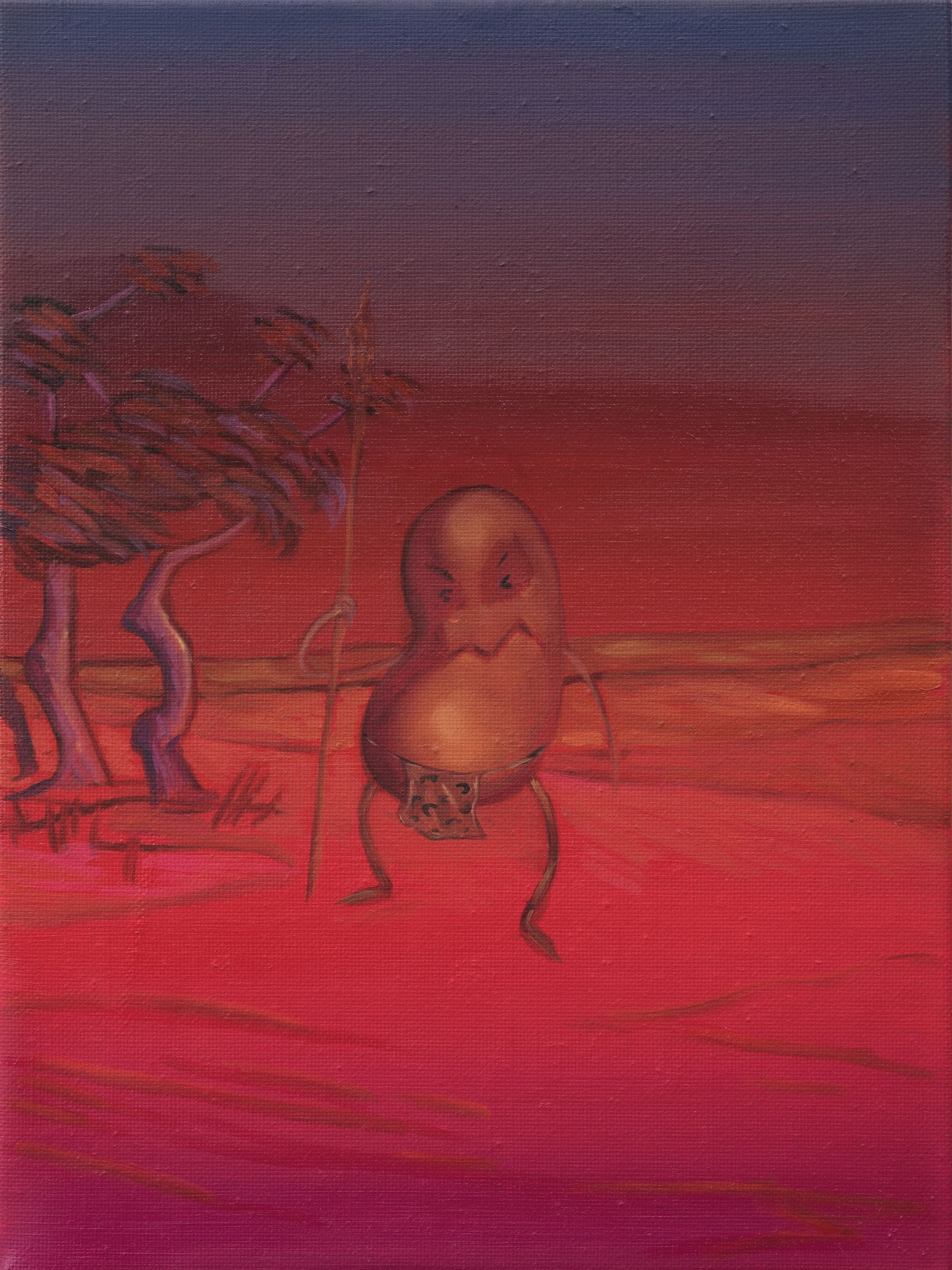 Potato-like figure with arms and legs stands in front of a tree, against a sunset of red, orange, and blue hues.