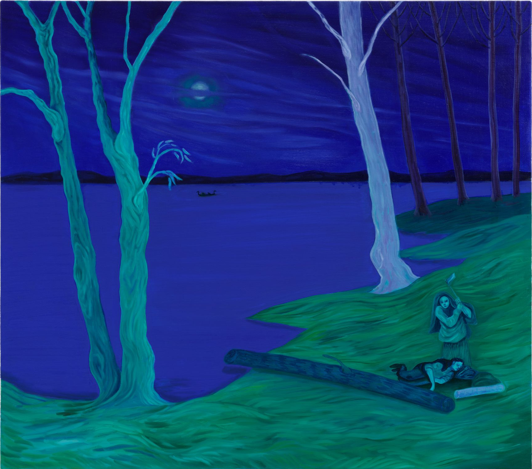 Night scene: Figure by a lake, trees, full moon, blue and green hues.