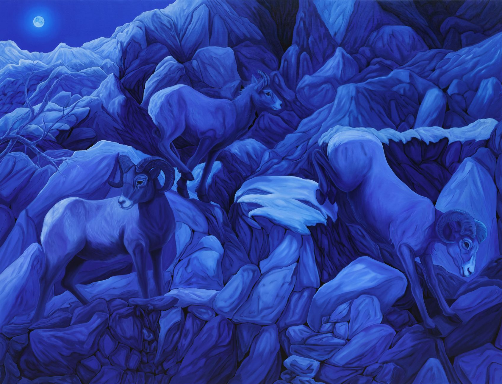 Blue-toned painting of bighorn sheep in a rocky, mountainous landscape under a full moon.