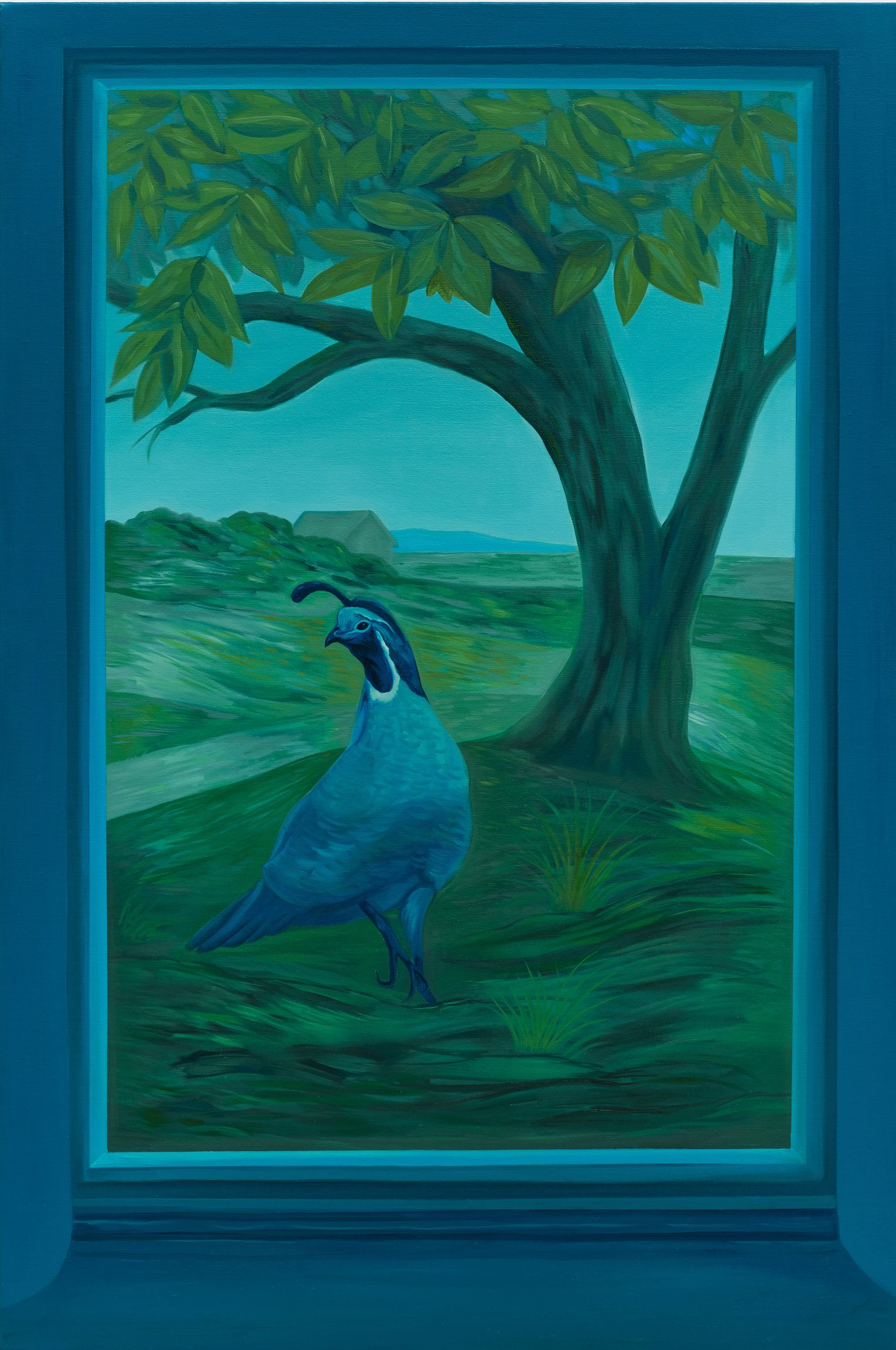Blue quail in a turquoise framed painting, standing near a green tree in a field.