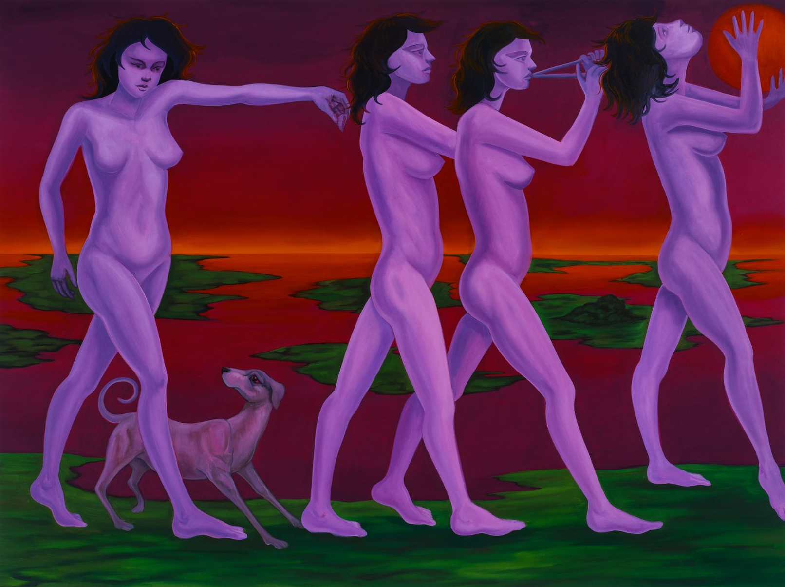 Four nude women in purple walk across green grass, with dog, red sky and one holding a red sphere.