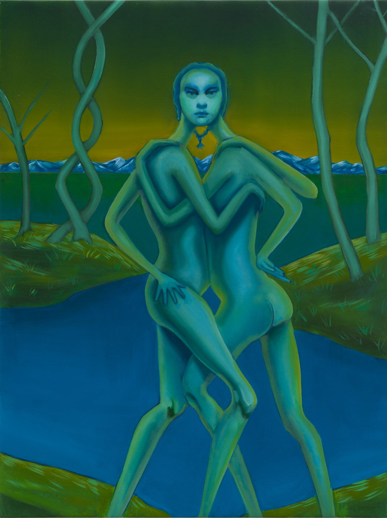 Two blue figures embrace by a blue lake, green grass, and bare trees; a necklace hangs on one figure.