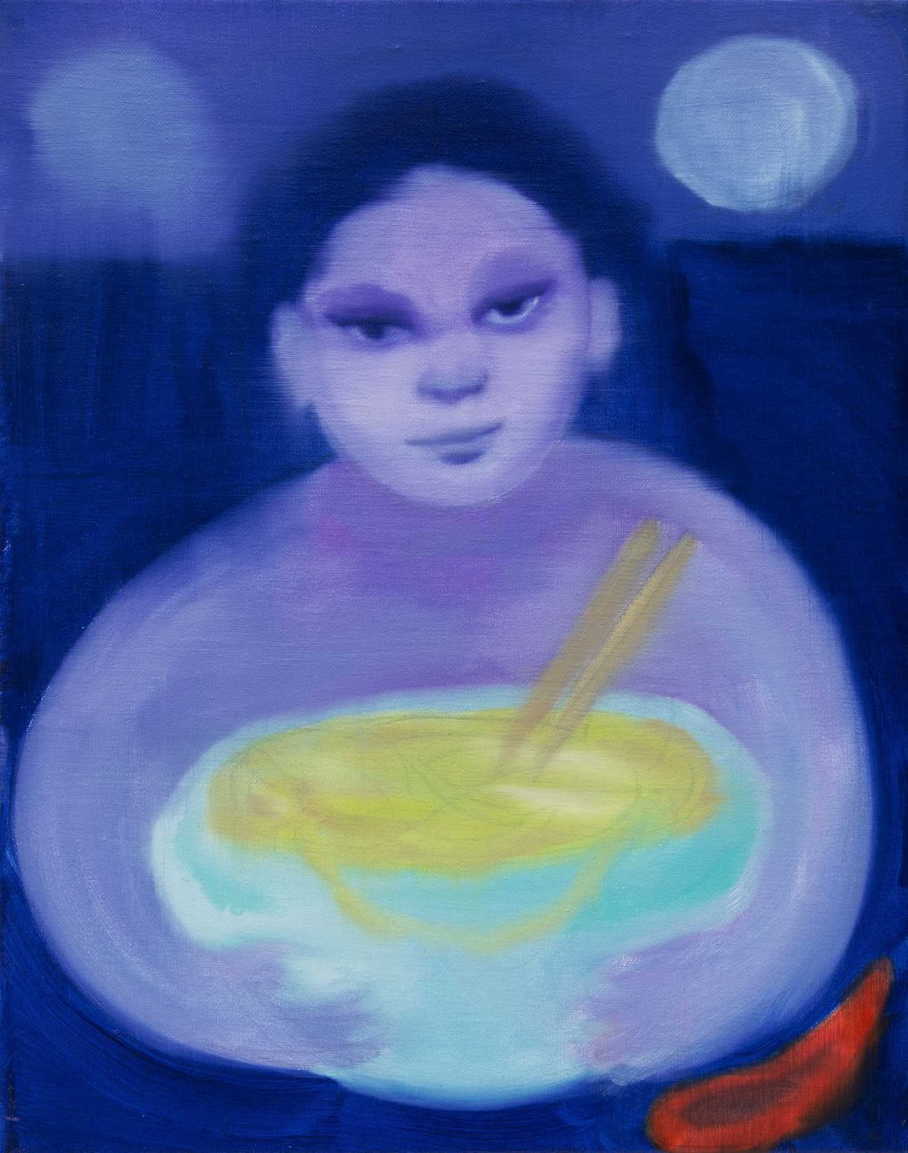 Painting of a person holding a bowl of soup with chopsticks, in a blue setting. A red pepper sits below.