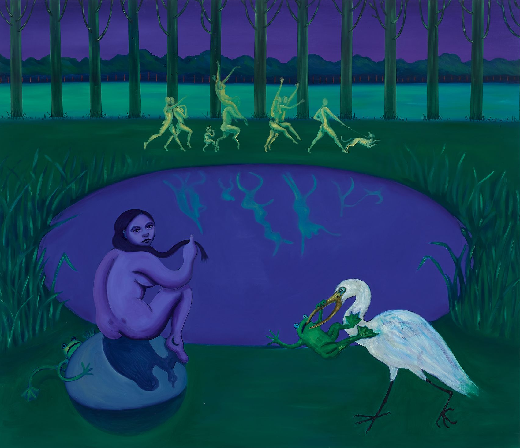 Night scene: a seated nude figure, an egret with a nest, dancing ethereal figures by a pond.