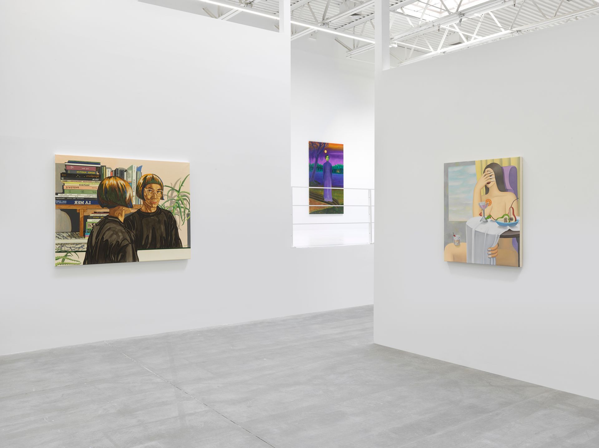 Gallery view with three paintings on white walls; grey floor. One shows two people, another a landscape, and the last a woman at a table.
