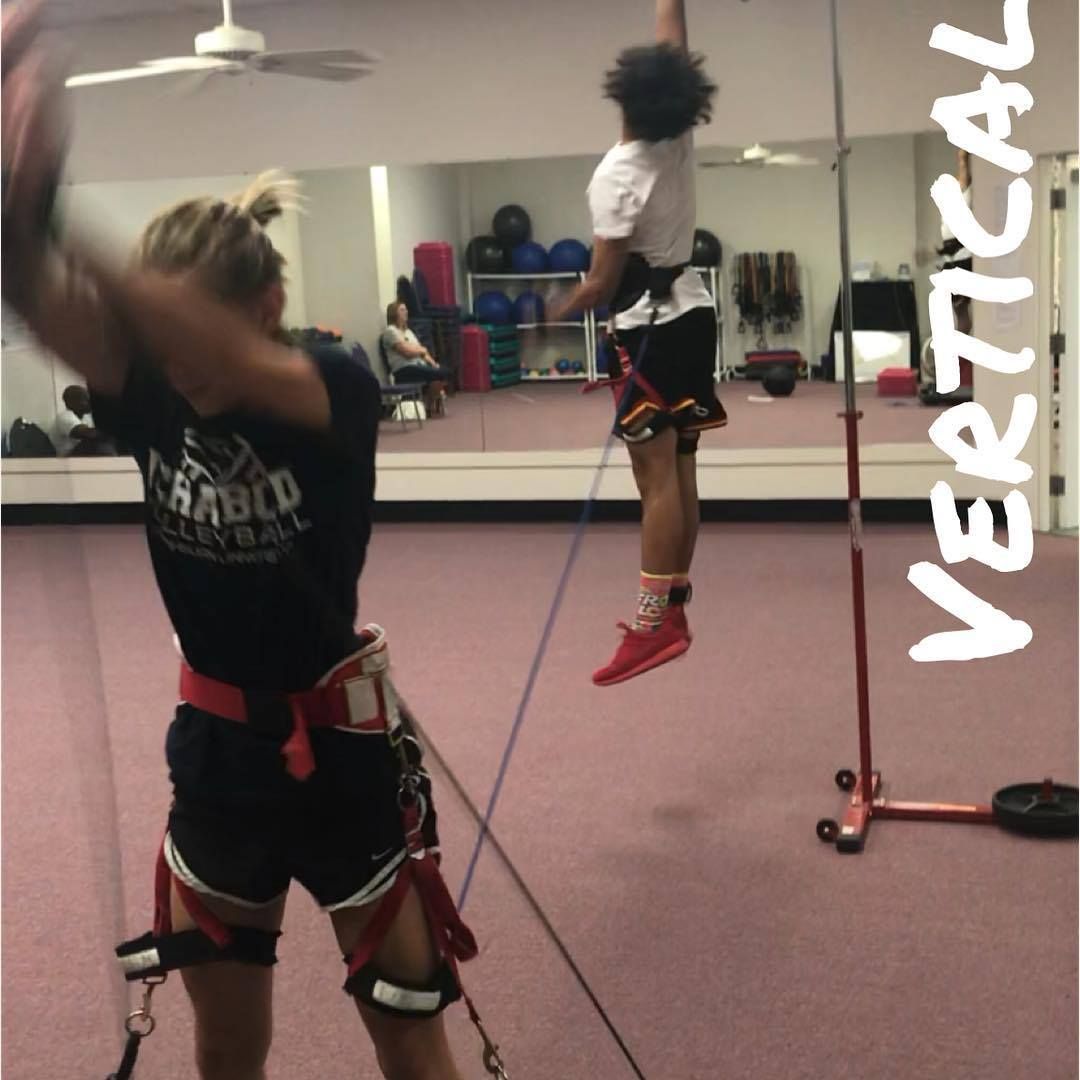 Two people in harnesses are training. One is suspended in the air, the other is swinging an object. Both are indoors.