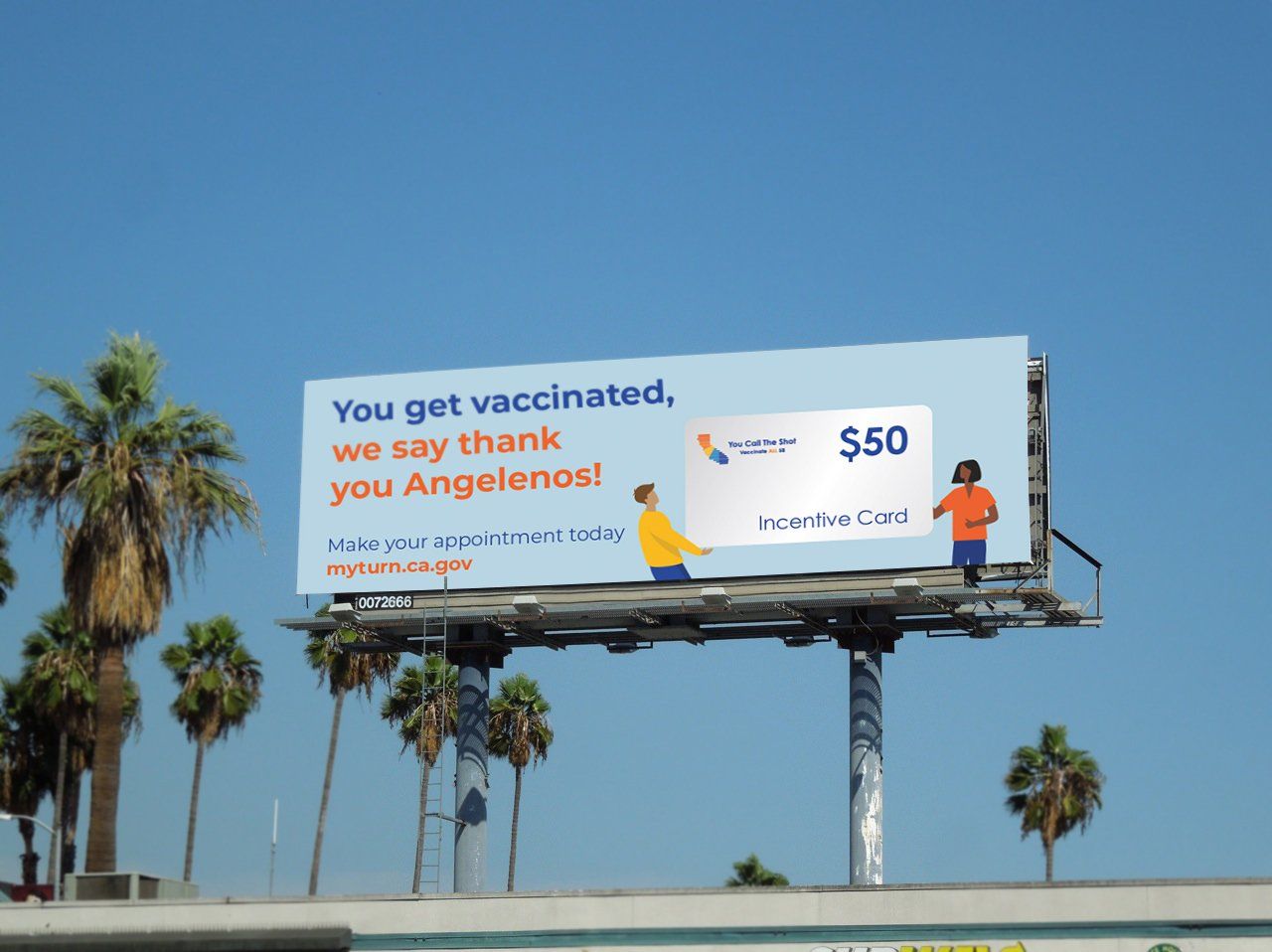 a billboard that says you get vaccinated we say thank you angeles