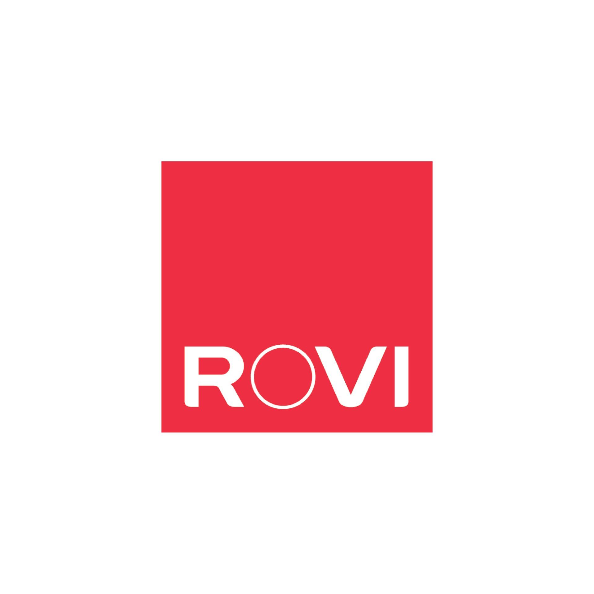 a red square with the word rovi on it .