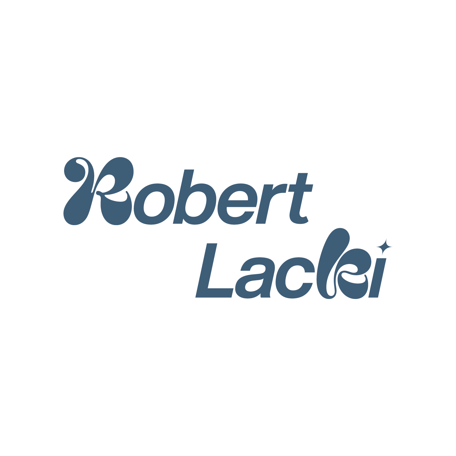 the logo for robert lacki is a blue logo on a white background .