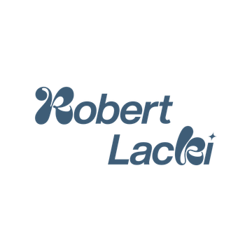 the logo for robert lacki is a blue logo on a white background .