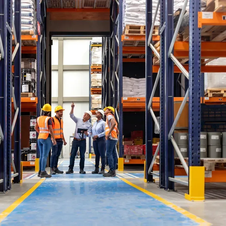 Un grupo de trabajadores de almacén, con chalecos reflectantes y cascos