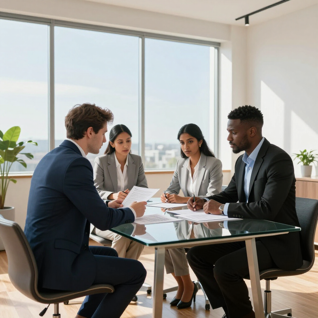 Cuatro profesionales vestidos de traje están sentados alrededor de una mesa de conferencias de cristal 
