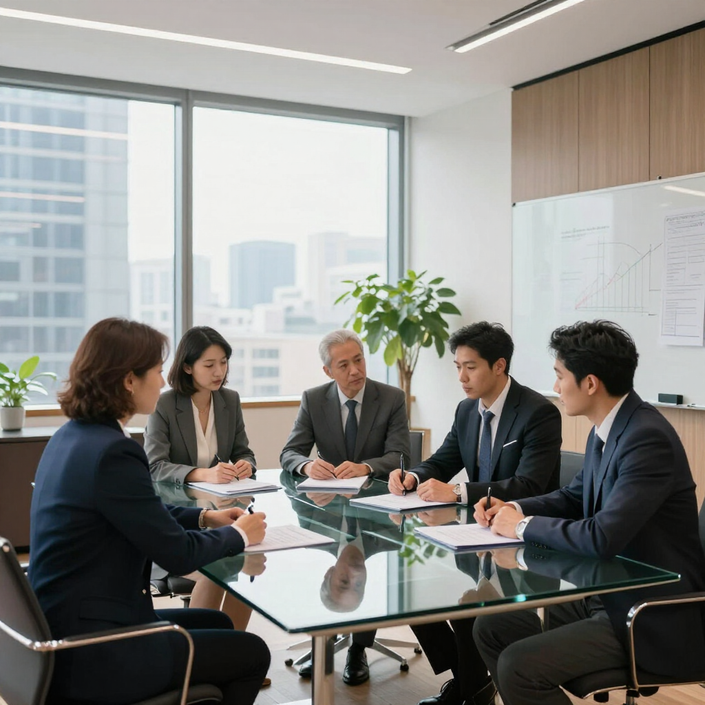 Cinco profesionales vestidos de traje están sentados alrededor de una mesa de conferencias 