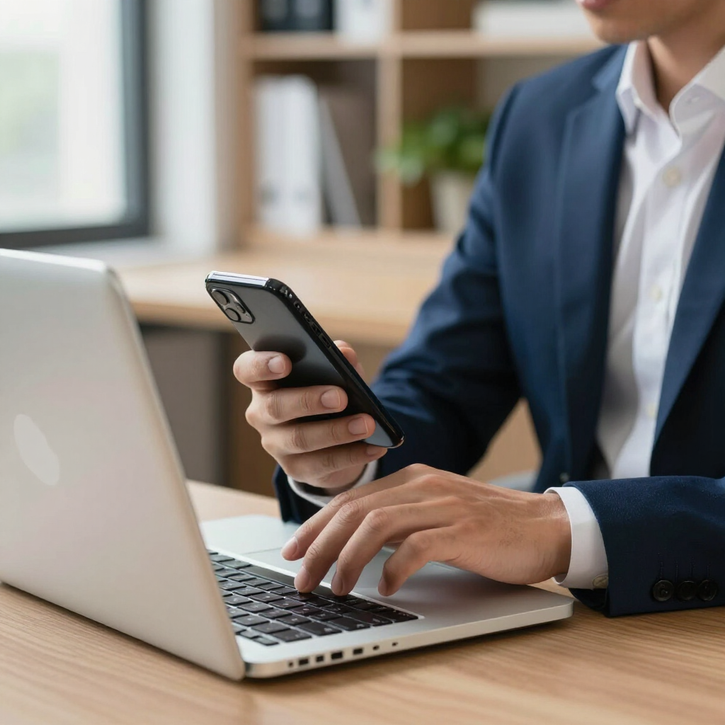 Una persona vestida con un traje azul trabaja en un escritorio, tecleando en un ordenador portátil