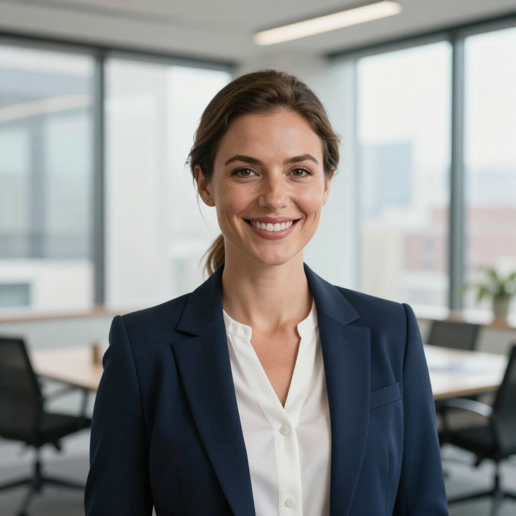 Un profesional sonriente, vestido con un blazer azul marino y una camisa blanca con cuello, se encuentra en una sala