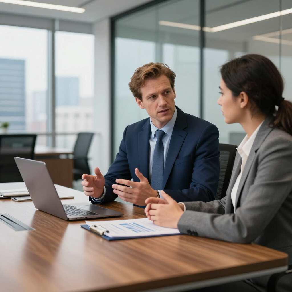 Dos profesionales vestidos de traje colaboran en una mesa de conferencias con un ordenador portátil 