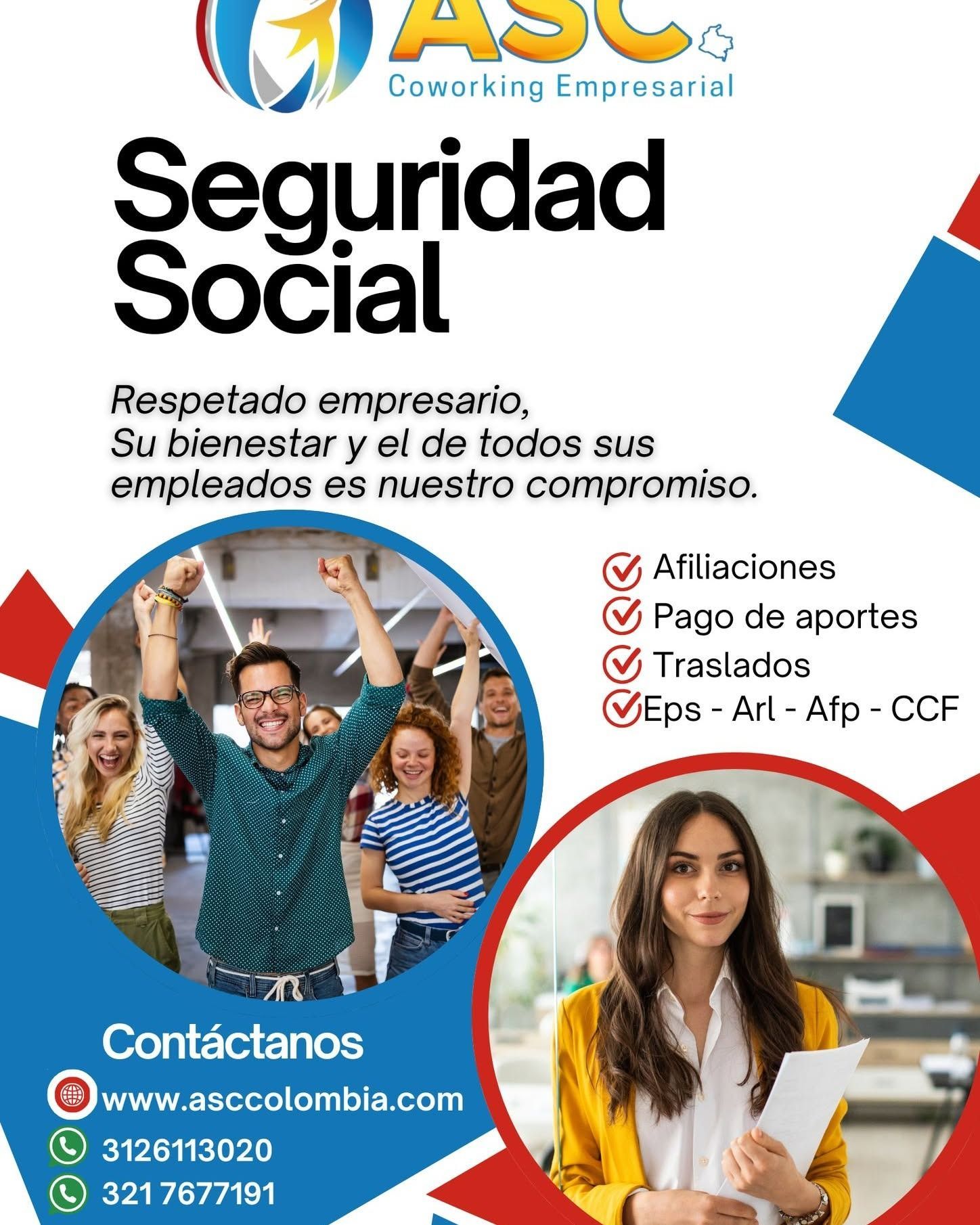 Folleto publicitario de ASC Coworking, que ofrece servicios de seguridad social