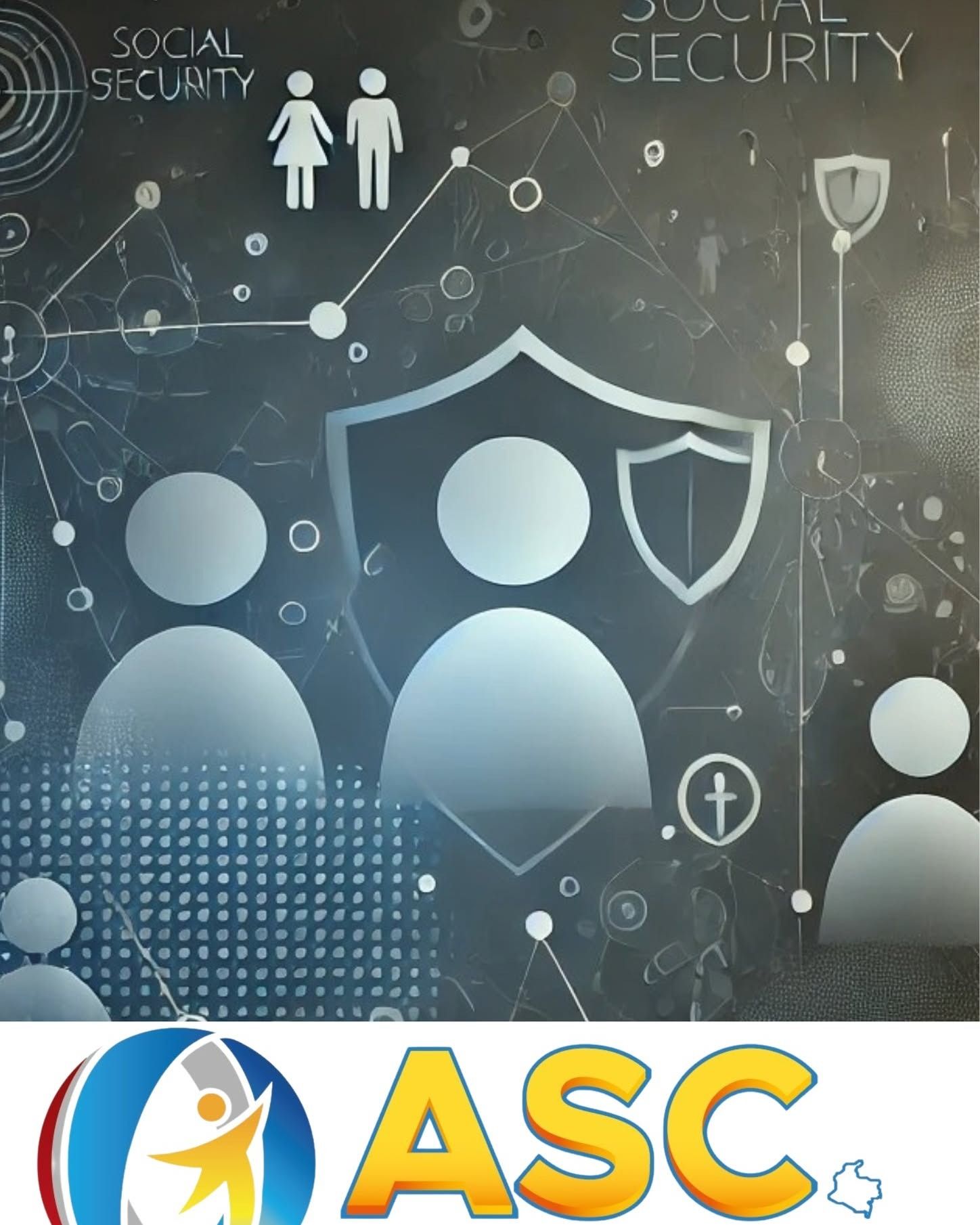 Un fondo oscuro con iconos abstractos de la seguridad social y gráficos de escudos