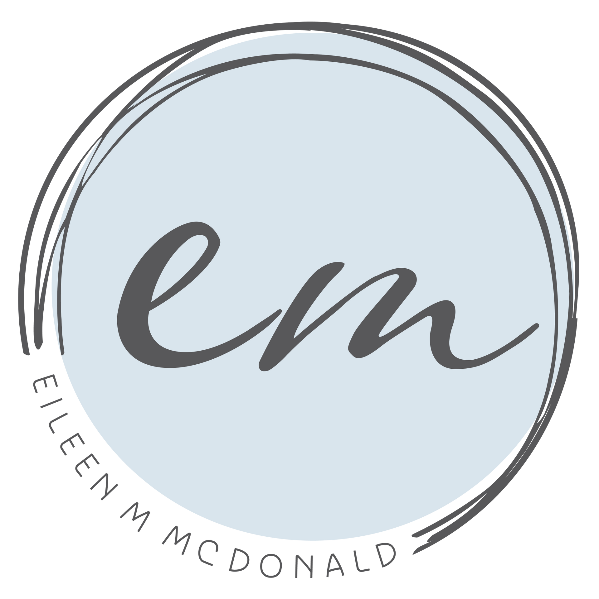 The logo for ellen mcdonald is a circle with the letter m in it.