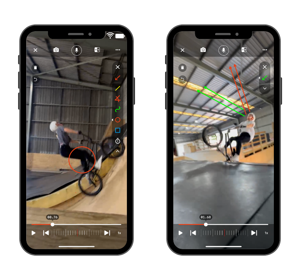 Two phones are showing a person riding a bike on a ramp.