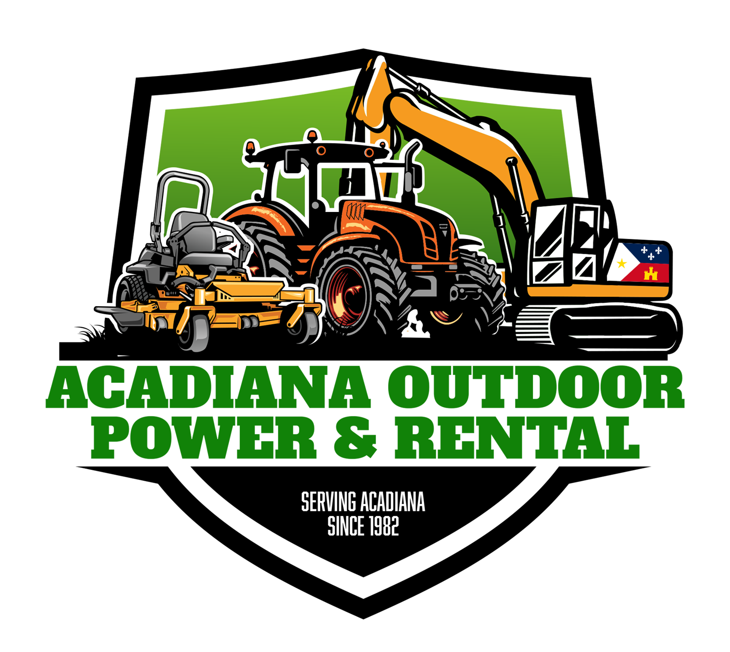 Acadiana Outdoor Power & Rental logo with tractor, excavator, mower, and Louisiana flag shield