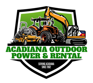 Acadiana Outdoor Power & Rental logo with tractor, excavator, mower, and Louisiana flag shield