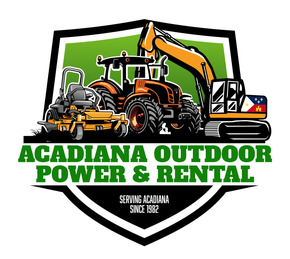 Acadiana Outdoor Power & Rental logo with tractor, excavator, mower, and Louisiana flag shield