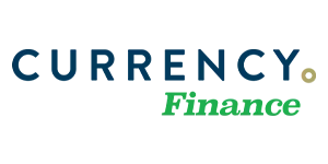 CURRENCY Finance logo in dark blue and green text on a white background