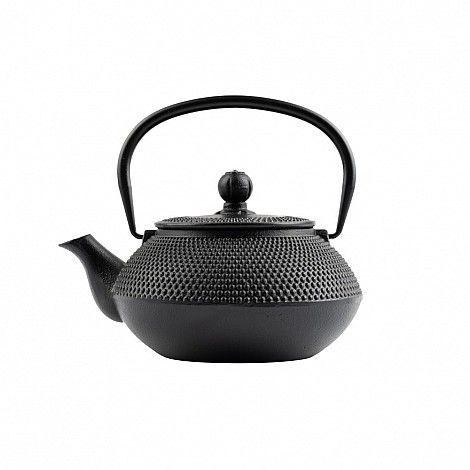 Tetera de hierro fundido negro con superficie texturizada y asa curva.