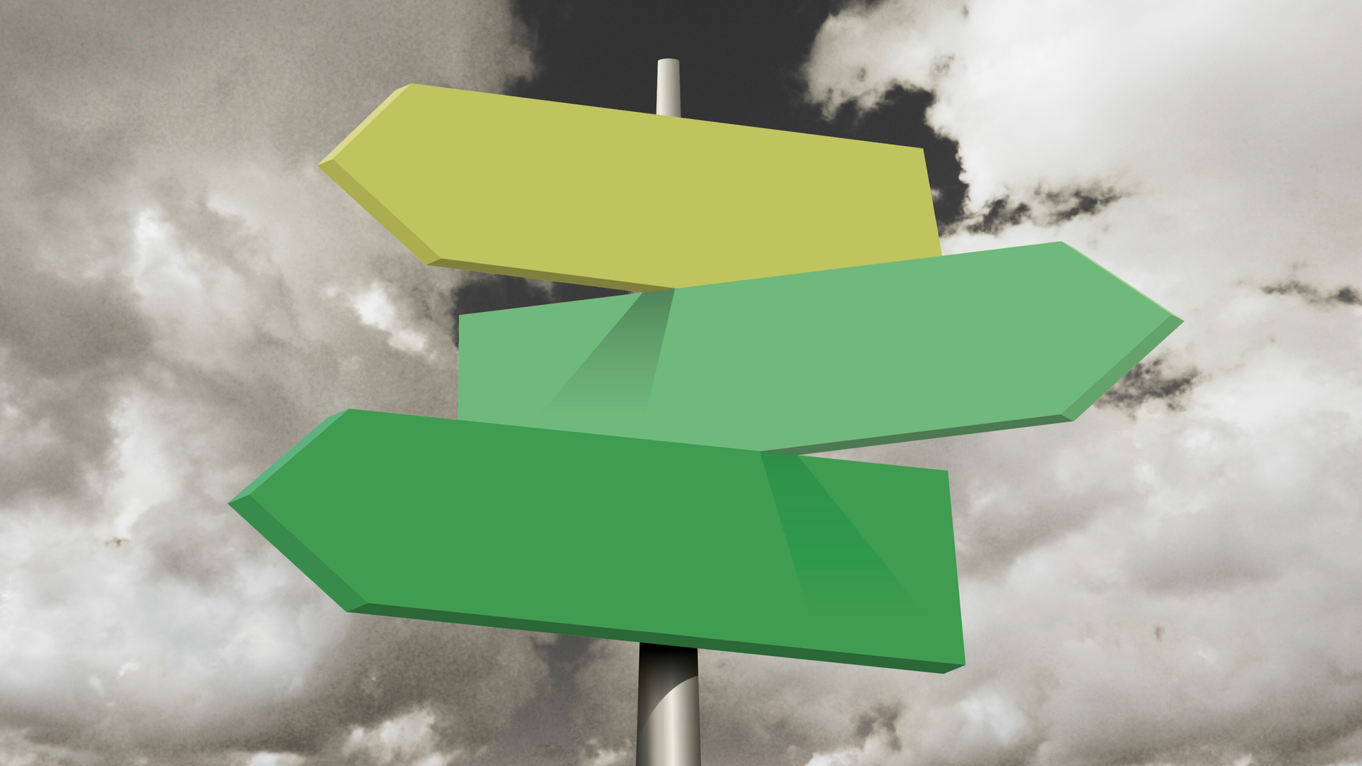 Signpost with three blank, colored arrows against a cloudy sky.