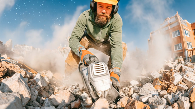 Construction worker uses a saw to break concrete rubble; dusty, yellow hardhat, building background.