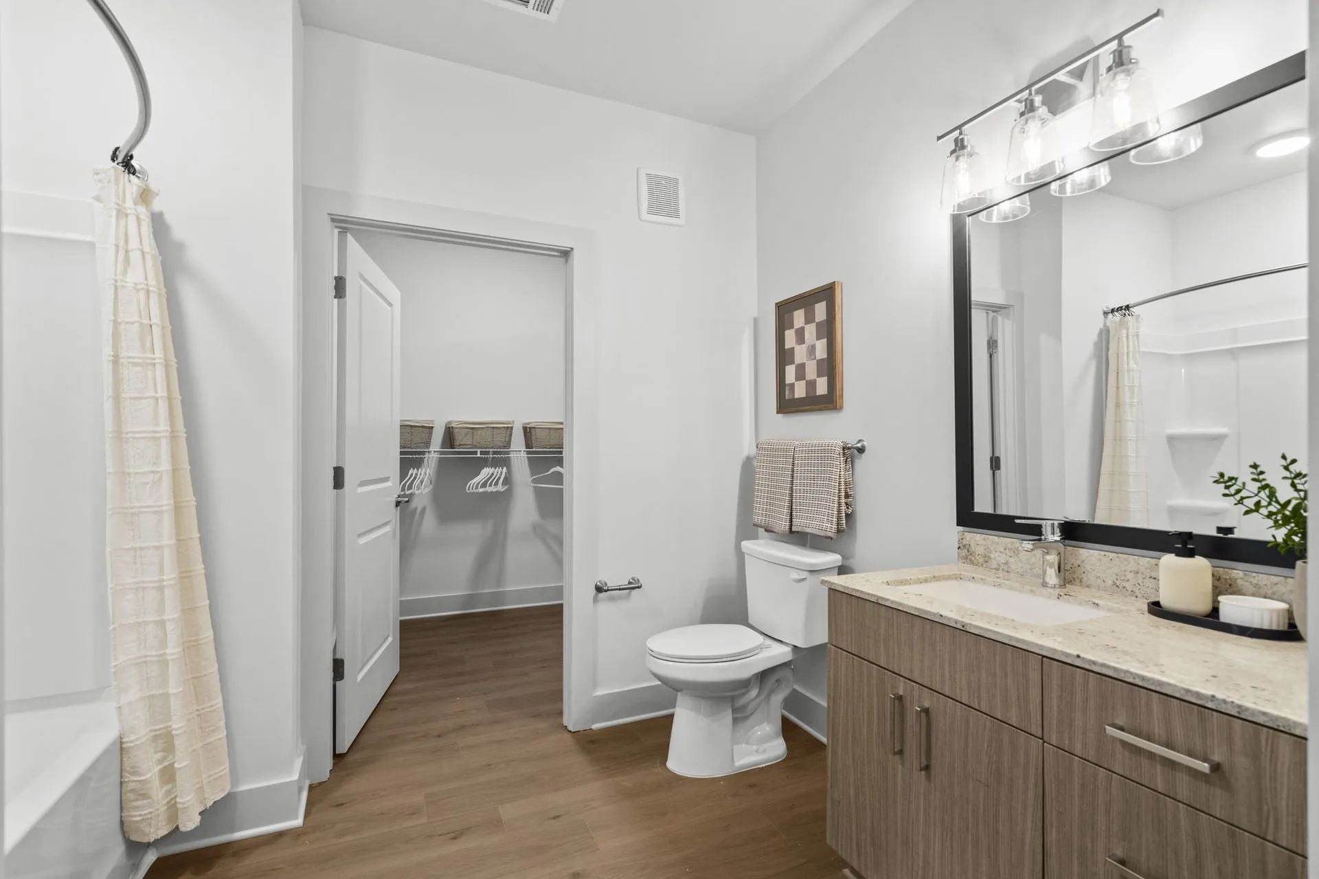 Bathroom with a light brown vanity, white toilet, and walk-in closet.